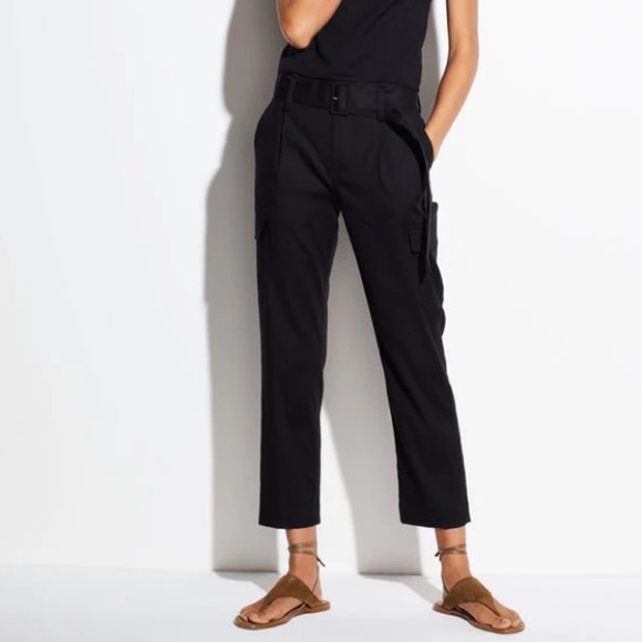 Vince Women's Belted Linen Crop Pant High Waist Black Casual 2 - Picture 1 of 8